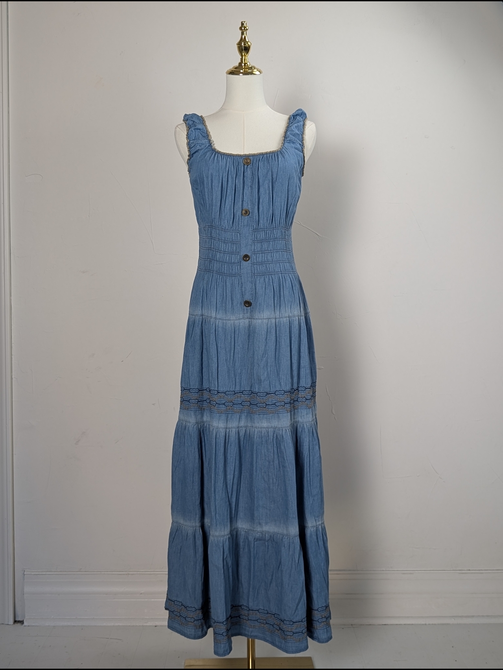 Boho Lapis Blue Chambray Smocked Tiered Maxi Dress in Blue - Picture 1 of 5